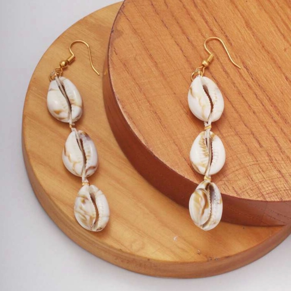“Marbled Cowrie Shell” Univalve Sea Snail Mollusk Cowry Puka Seashell Earrings - Picture 7 of 7